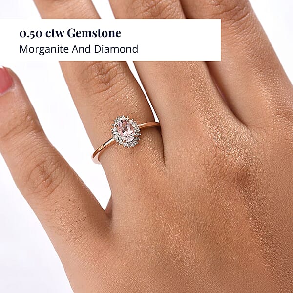 D'Joy Premium Pink Morganite And Diamond 0.50 Ctw Crown Blossom Ring In 18K Vermeil Rose Gold Over Sterling Silver