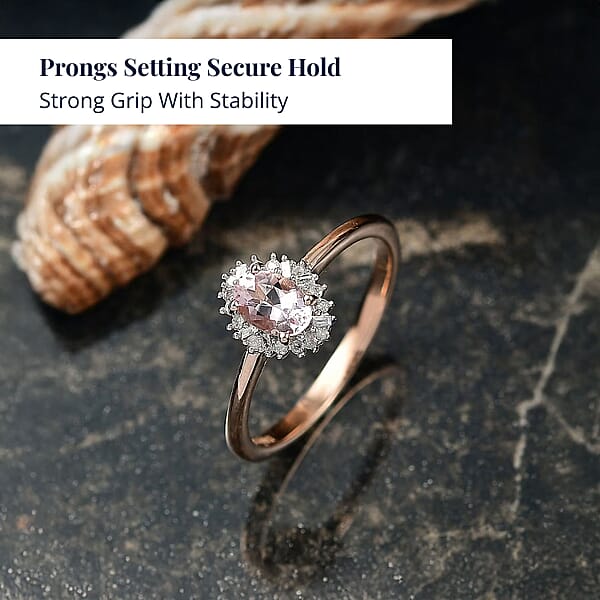 D'Joy Premium Pink Morganite And Diamond 0.50 Ctw Crown Blossom Ring In 18K Vermeil Rose Gold Over Sterling Silver