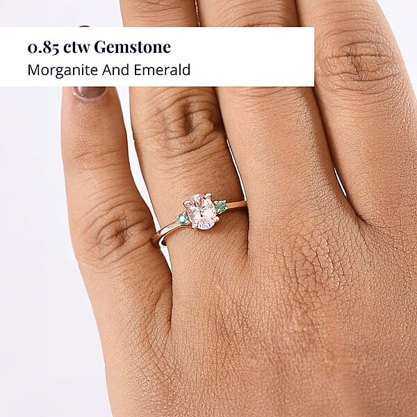 D'Joy Premium Pink Morganite And Emerald 0.85 Ctw Ring In 18K Vermeil Rose Gold Over Sterling Silver