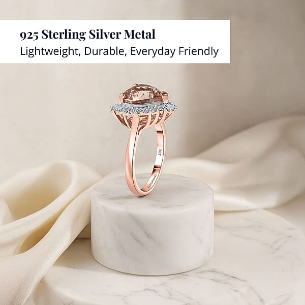 D'Joy Premium Pink Morganite And Emerald 0.85 Ctw Ring In 18K Vermeil Rose Gold Over Sterling Silver