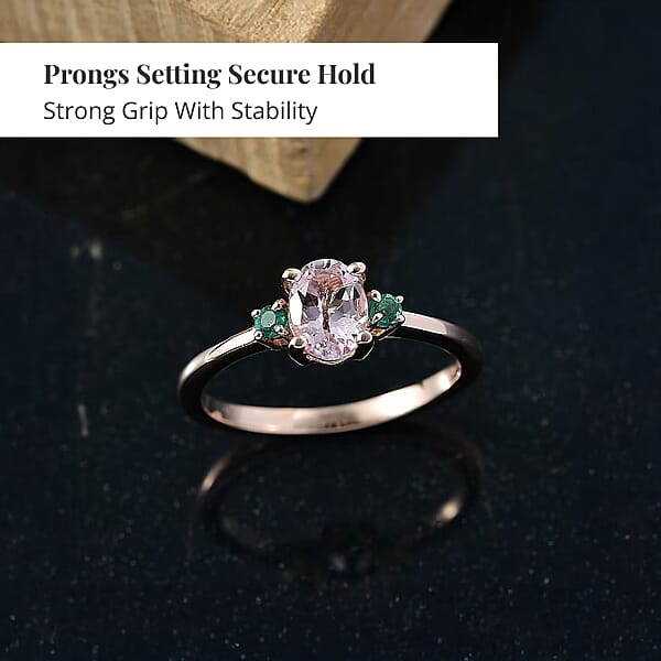 D'Joy Premium Pink Morganite And Emerald 0.85 Ctw Ring In 18K Vermeil Rose Gold Over Sterling Silver