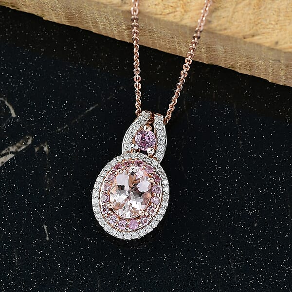 D'Joy Premium Pink Morganite And Moissanite 1.85 Ctw Blush Coronet Pendant Necklace 20 Inches In 18K Vermeil Rose Gold Over Sterling Silver