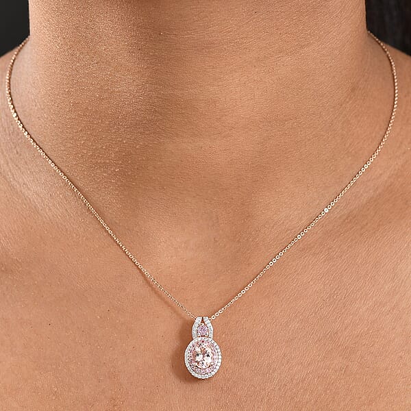 D'Joy Premium Pink Morganite And Moissanite 1.85 Ctw Blush Coronet Pendant Necklace 20 Inches In 18K Vermeil Rose Gold Over Sterling Silver