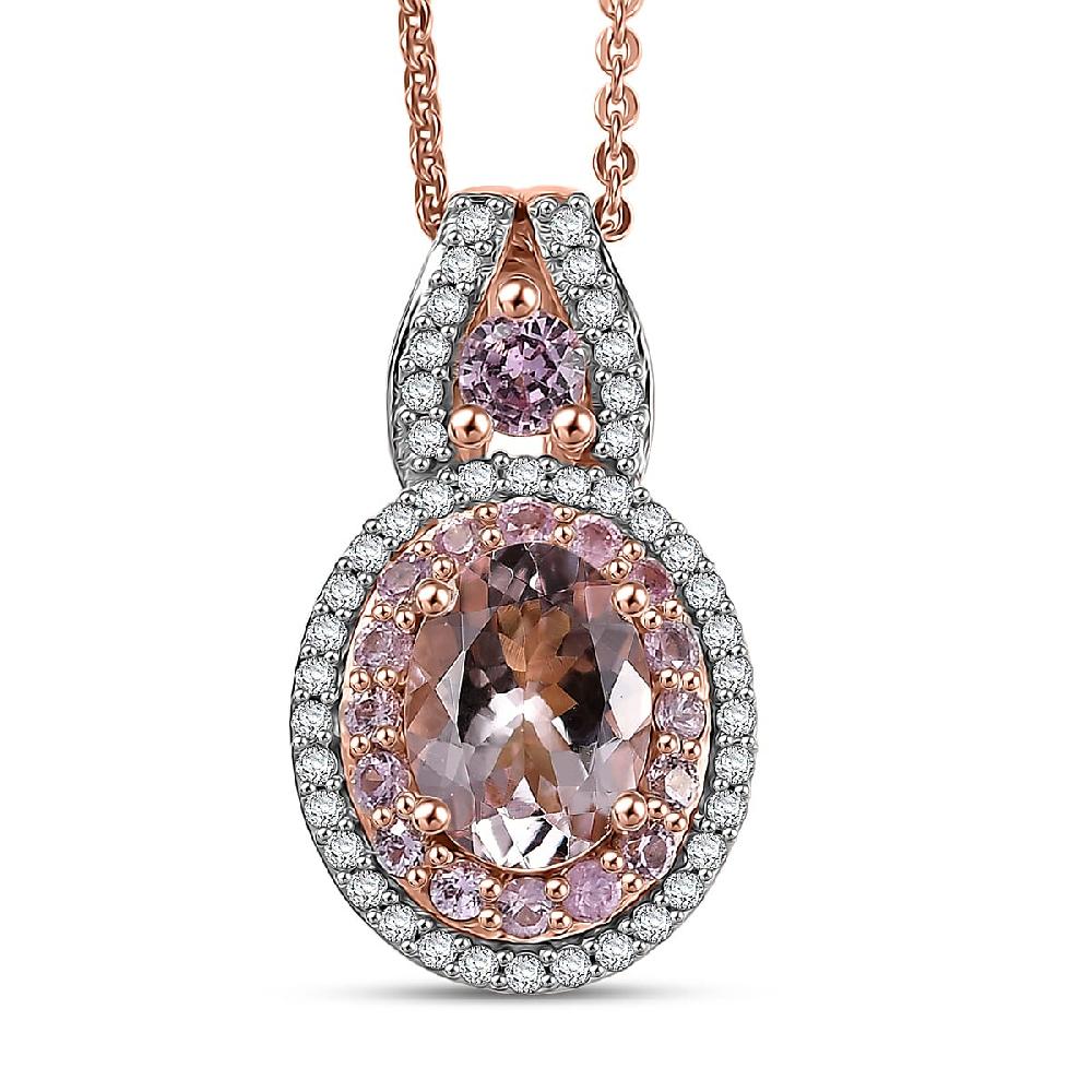 D'Joy Premium Pink Morganite and Moissanite 1.85 ctw Blush Coronet Pendant Necklace 20 Inches in 18K Vermeil Rose Gold Over Sterling Silver