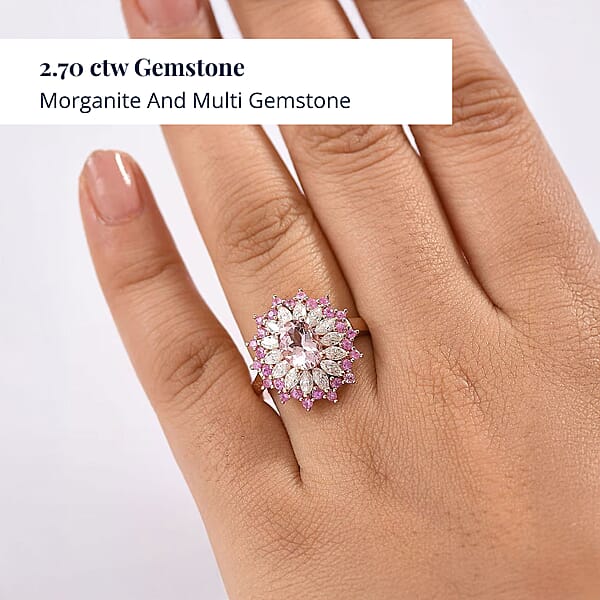 D'Joy Premium Pink Morganite And Multi Gemstone 2.70 Ctw Rose Sunburst Ring In 18K Vermeil Rose Gold Over Sterling Silver