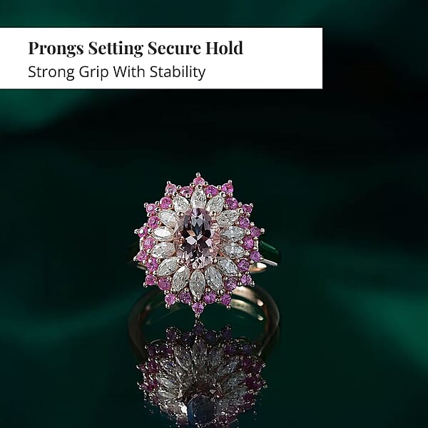 D'Joy Premium Pink Morganite And Multi Gemstone 2.70 Ctw Rose Sunburst Ring In 18K Vermeil Rose Gold Over Sterling Silver