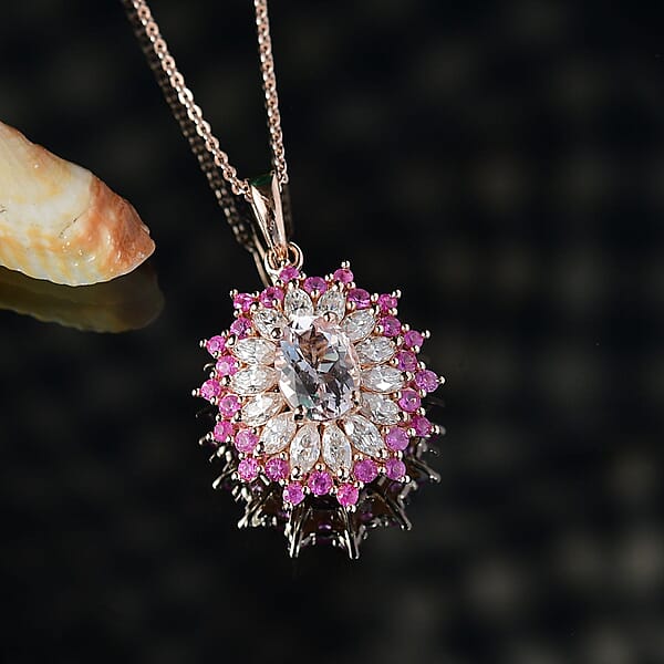 D'Joy Premium Pink Morganite And Multi Gemstone 2.25 Ctw Rose Sunburst Pendant Necklace In 18K Vermeil Rose Gold Over Sterling Silver 20 Inches