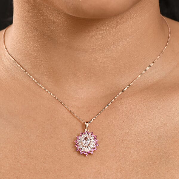 D'Joy Premium Pink Morganite And Multi Gemstone 2.25 Ctw Rose Sunburst Pendant Necklace In 18K Vermeil Rose Gold Over Sterling Silver 20 Inches