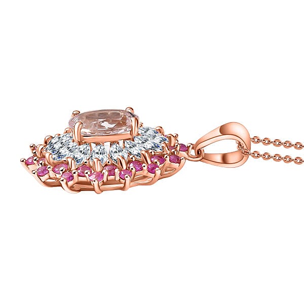 D'Joy Premium Pink Morganite And Multi Gemstone 2.25 Ctw Rose Sunburst Pendant Necklace In 18K Vermeil Rose Gold Over Sterling Silver 20 Inches
