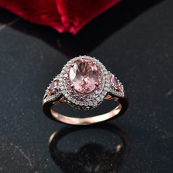D'Joy Premium Pink Morganite And Multi Gemstone 2.70 Ctw Blush Coronet Ring In 18K Vermeil Rose Gold Over Sterling Silver