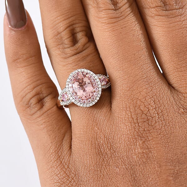 D'Joy Premium Pink Morganite And Multi Gemstone 2.70 Ctw Blush Coronet Ring In 18K Vermeil Rose Gold Over Sterling Silver
