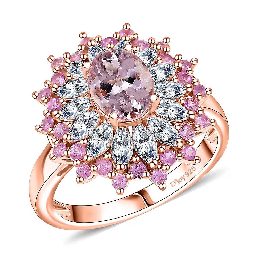 D'Joy Premium Pink Morganite and Multi Gemstone 2.70 ctw Rose Sunburst Ring in 18K Vermeil Rose Gold Over Sterling Silver