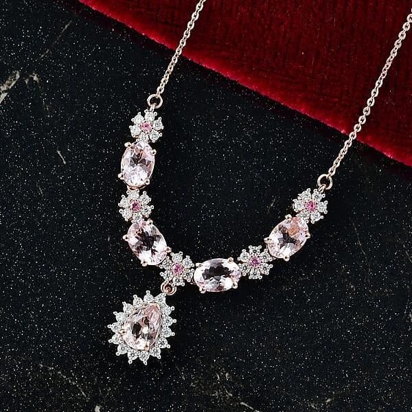 D'Joy Premium Pink Morganite And Multi Gemstone 4.30 Ctw Majestic Blossom Necklace 18 Inches In 18K Vermeil Rose Gold Over Sterling Silver