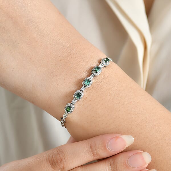 D'Joy Premium Pirineu Lagoon Tourmaline Diamond Bracelet In Rhodium Over Sterling Silver 1.80 Ctw (7.25 Inches)