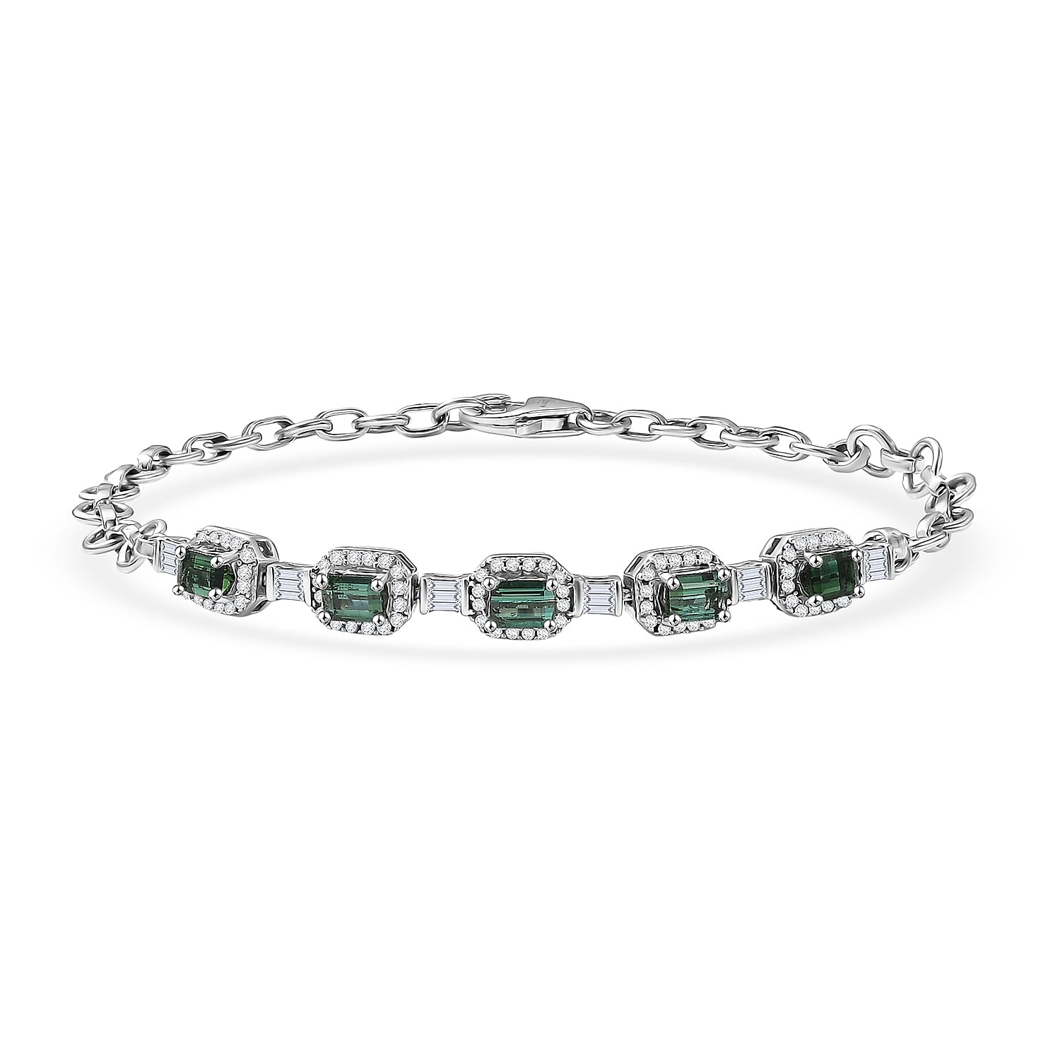 D'Joy Premium Pirineu Lagoon Tourmaline Diamond Bracelet in Rhodium Over Sterling Silver 1.80 ctw (7.25 Inches)