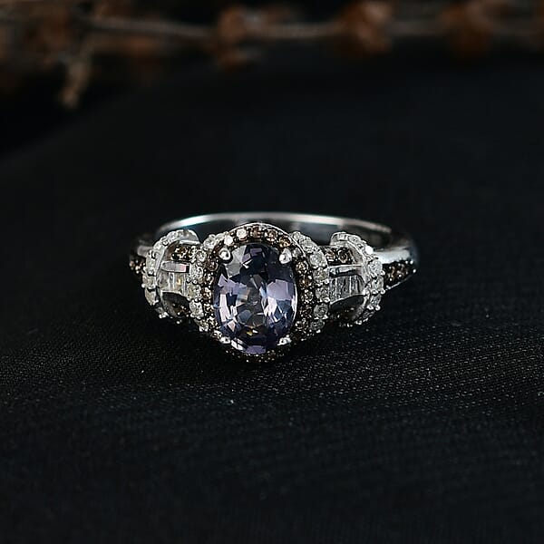 D'Joy Premium Platinum Spinel Natural Champagne And White Diamond 1.70 Ctw Art Deco Ring In Rhodium Over Sterling Silver