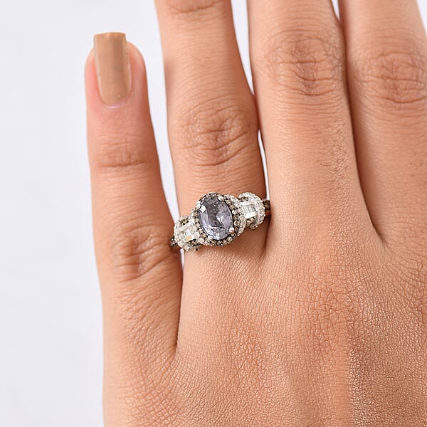 D'Joy Premium Platinum Spinel Natural Champagne And White Diamond 1.70 Ctw Art Deco Ring In Rhodium Over Sterling Silver
