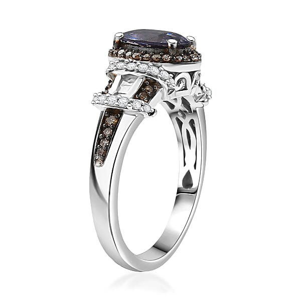 D'Joy Premium Platinum Spinel Natural Champagne And White Diamond 1.70 Ctw Art Deco Ring In Rhodium Over Sterling Silver