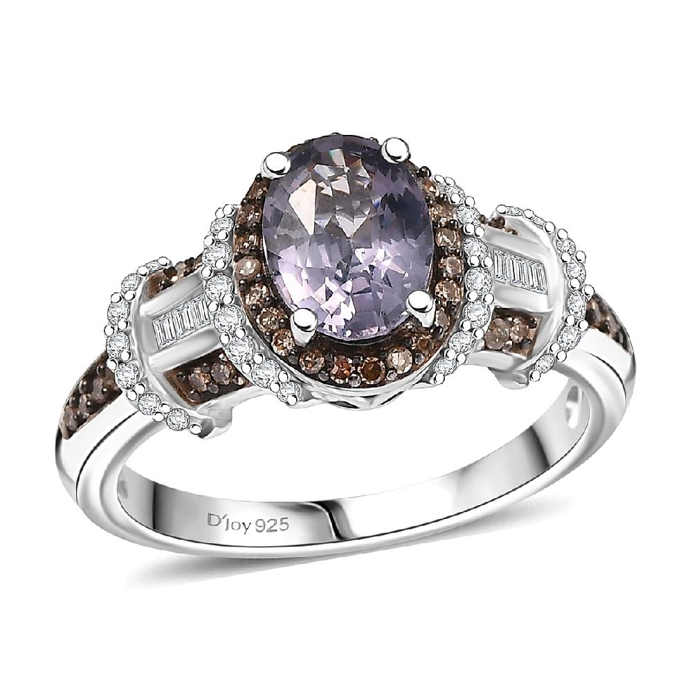 D'Joy Premium Platinum Spinel Natural Champagne and White Diamond 1.70 ctw Art Deco Ring in Rhodium Over Sterling Silver