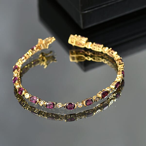 D'Joy Premium Radiant Ember Garnet And Moissanite 9.40 Ctw Twilight Flame Bracelet In 18K Vermeil Yellow Gold Over Sterling Silver (7.25 In)