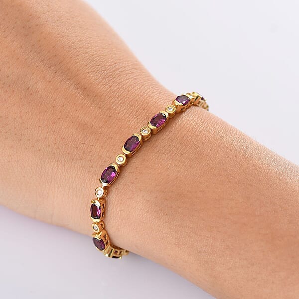 D'Joy Premium Radiant Ember Garnet And Moissanite 9.40 Ctw Twilight Flame Bracelet In 18K Vermeil Yellow Gold Over Sterling Silver (7.25 In)