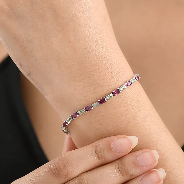 D'Joy Premium Radiant Ember Garnet And Multi Gemstone 6.85 Ctw Garden Link Bracelet In Rhodium Over Sterling Silver (7.25 In)