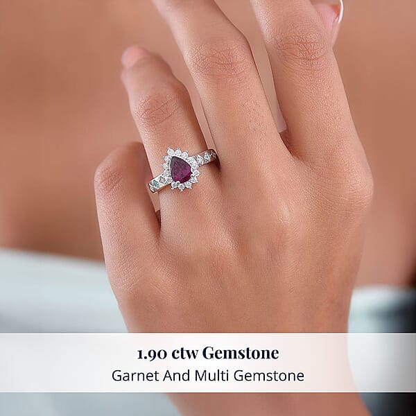 D'Joy Premium Radiant Ember Garnet And Multi Gemstone 1.90 Ctw Crown Drop Ring In Rhodium Over Sterling Silver