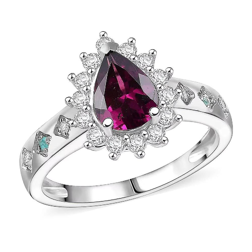 D'Joy Premium Radiant Ember Garnet and Multi Gemstone 1.90 ctw Crown Drop Ring in Rhodium Over Sterling Silver