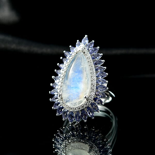 D'Joy Premium Rainbow Moonstone Multi Gemstone Ring In Rhodium Over Sterling Silver 9.00 Ctw