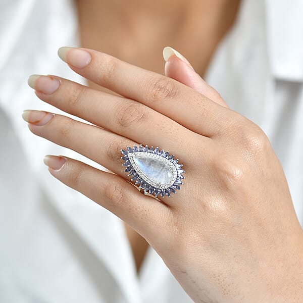 D'Joy Premium Rainbow Moonstone Multi Gemstone Ring In Rhodium Over Sterling Silver 9.00 Ctw