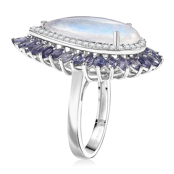 D'Joy Premium Rainbow Moonstone Multi Gemstone Ring In Rhodium Over Sterling Silver 9.00 Ctw