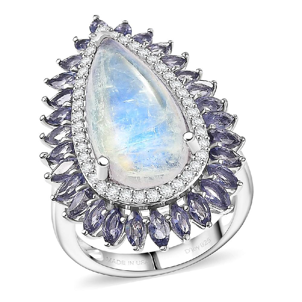 D'Joy Premium Rainbow Moonstone Multi Gemstone Ring in Rhodium Over Sterling Silver 9.00 ctw