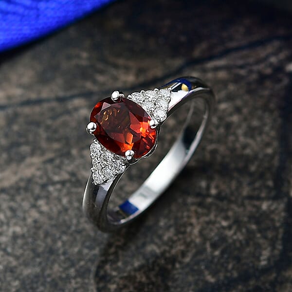 D'Joy Premium Red Citrine And Moissanite 1.40 Ctw Crownfire Ring In Rhodium Over Sterling Silver