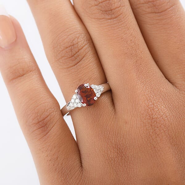 D'Joy Premium Red Citrine And Moissanite 1.40 Ctw Crownfire Ring In Rhodium Over Sterling Silver