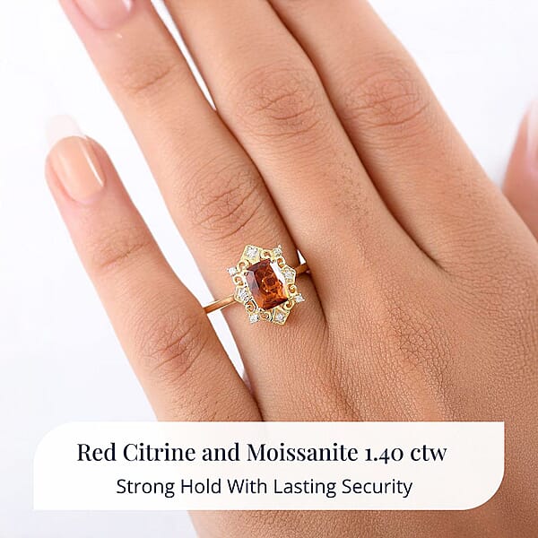D'Joy Premium Red Citrine And Moissanite 1.40 Ctw Crown Of Flames Ring In 18K Vermeil Yellow Gold Over Sterling Silver