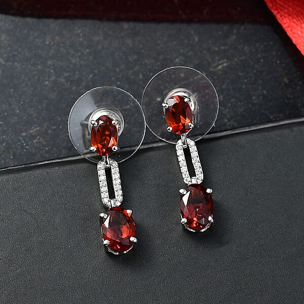 D'Joy Premium Red Citrine And Moissanite 2.50 Ctw Chain Of Flames Earrings In Rhodium Over Sterling Silver