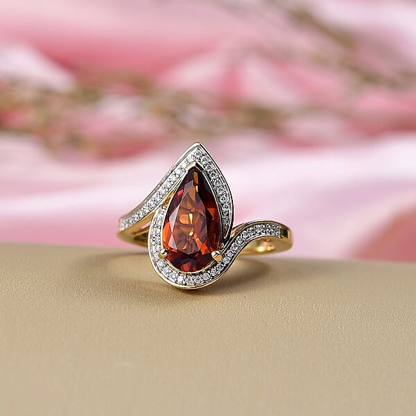 D'Joy Premium Red Citrine And Moissanite 3.10 Ctw Tear Of Fire Ring In 18K Vermeil Yellow Gold Over Sterling Silver