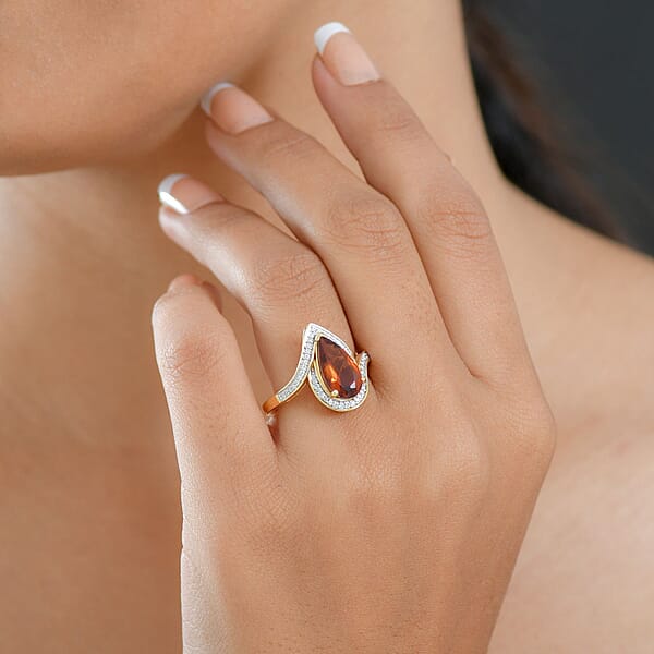 D'Joy Premium Red Citrine And Moissanite 3.10 Ctw Tear Of Fire Ring In 18K Vermeil Yellow Gold Over Sterling Silver