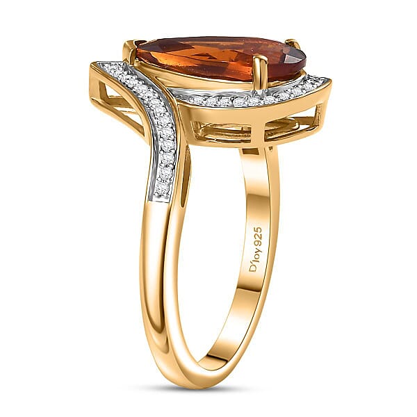 D'Joy Premium Red Citrine And Moissanite 3.10 Ctw Tear Of Fire Ring In 18K Vermeil Yellow Gold Over Sterling Silver