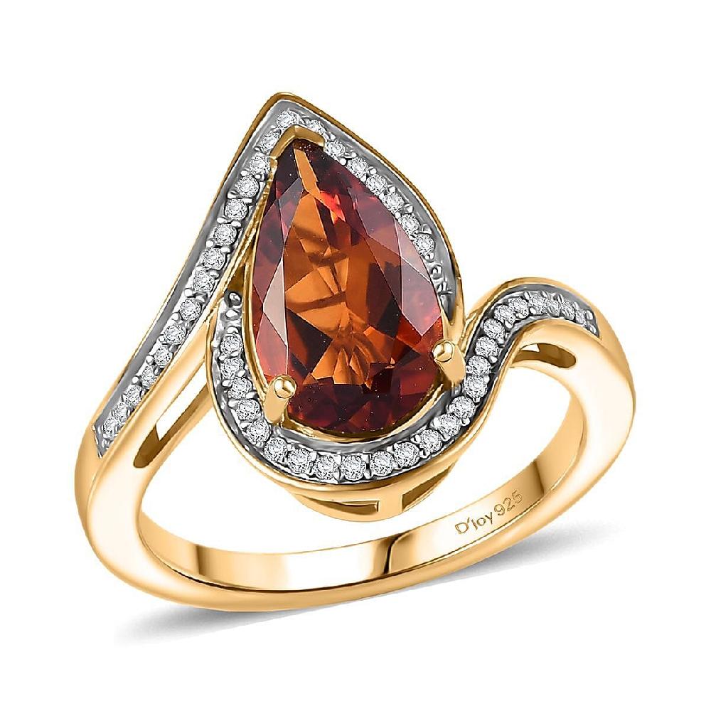 D'Joy Premium Red Citrine and Moissanite 3.10 ctw Tear of Fire Ring in 18K Vermeil Yellow Gold Over Sterling Silver