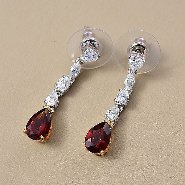 D'Joy Premium Red Citrine And Moissanite 3.60 Ctw Empress Glow Earrings In 18K Vermeil YG And Rhodium Over Sterling Silver