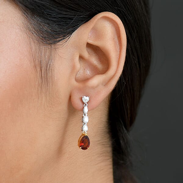 D'Joy Premium Red Citrine And Moissanite 3.60 Ctw Empress Glow Earrings In 18K Vermeil YG And Rhodium Over Sterling Silver