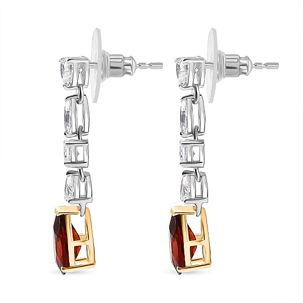 D'Joy Premium Red Citrine And Moissanite 3.60 Ctw Empress Glow Earrings In 18K Vermeil YG And Rhodium Over Sterling Silver