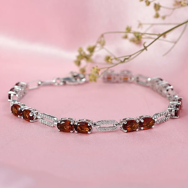 D'Joy Premium Red Citrine And Moissanite 6.10 Ctw Chain Of Flames Bracelet In Rhodium Over Sterling Silver (7.25 In)