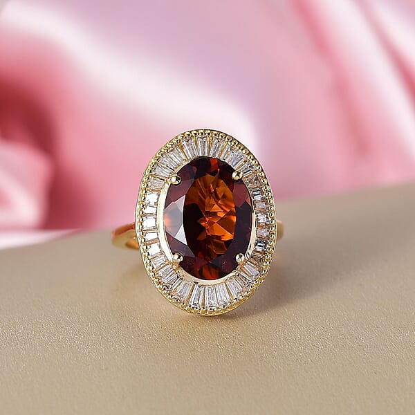 D'Joy Premium Red Citrine And Moissanite 6.10 Ctw Crown Of Flame Ring In 18K Vermeil Yellow Gold Over Sterling Silver