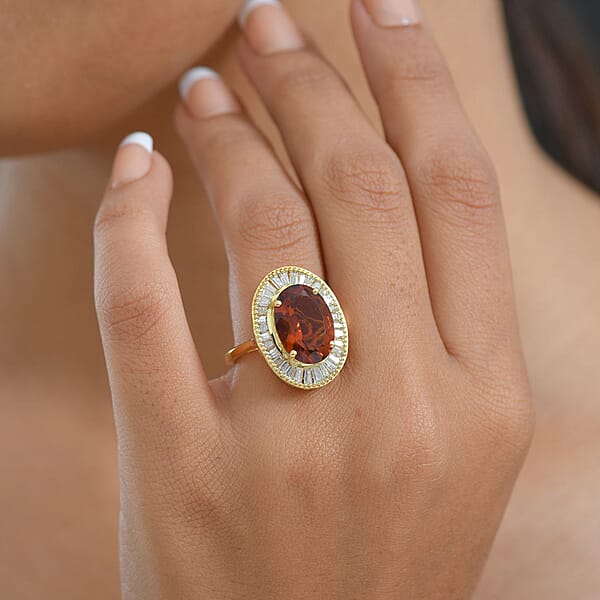 D'Joy Premium Red Citrine And Moissanite 6.10 Ctw Crown Of Flame Ring In 18K Vermeil Yellow Gold Over Sterling Silver