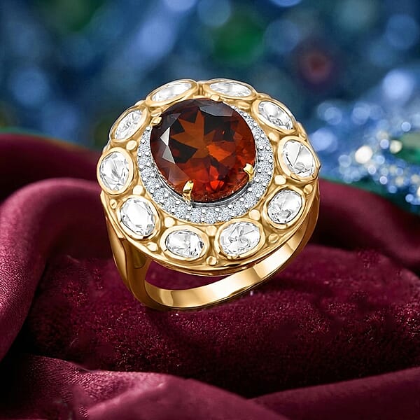 D'Joy Premium Red Citrine And Moissanite 6.65 Ctw Royal Fire Glow Ring In 18K Vermeil Yellow Gold Over Sterling Silver