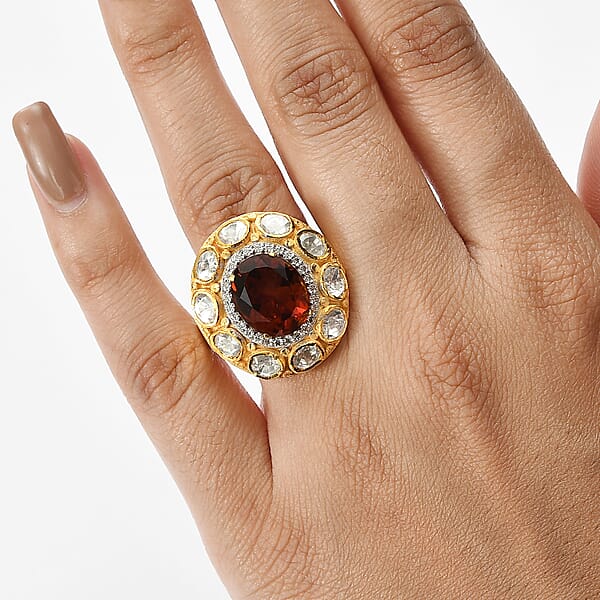 D'Joy Premium Red Citrine And Moissanite 6.65 Ctw Royal Fire Glow Ring In 18K Vermeil Yellow Gold Over Sterling Silver