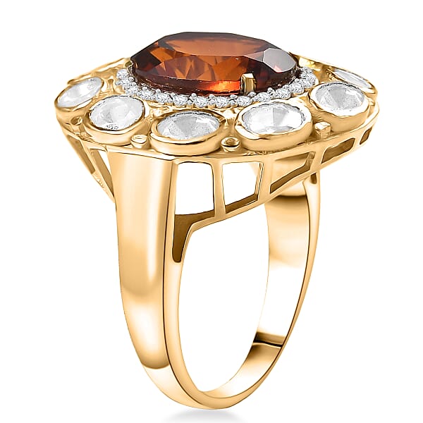 D'Joy Premium Red Citrine And Moissanite 6.65 Ctw Royal Fire Glow Ring In 18K Vermeil Yellow Gold Over Sterling Silver