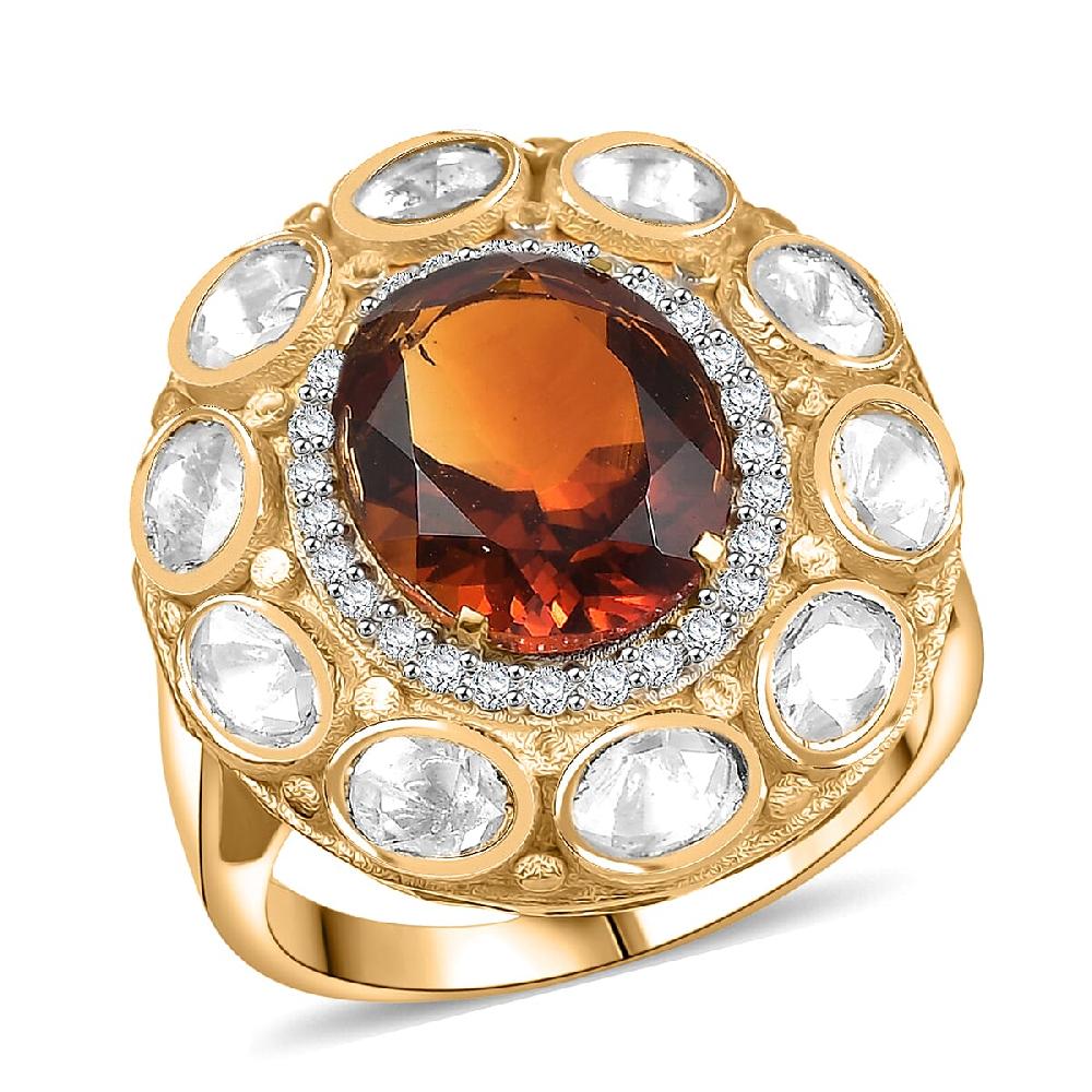 D'Joy Premium Red Citrine and Moissanite 6.65 ctw Royal Fire Glow Ring in 18K Vermeil Yellow Gold Over Sterling Silver